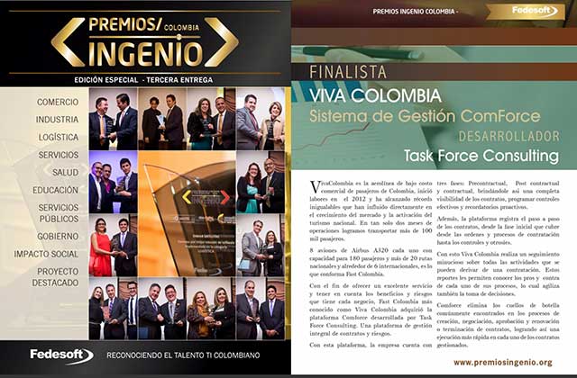 Compartimos reconocimiento de FEDESOFT (Federación Colombiana de la Industria de Software y TI) como finalistas PREMIOS INGENIO por el caso de éxito del sistema comforce® en la aerolínea VivaColombia.