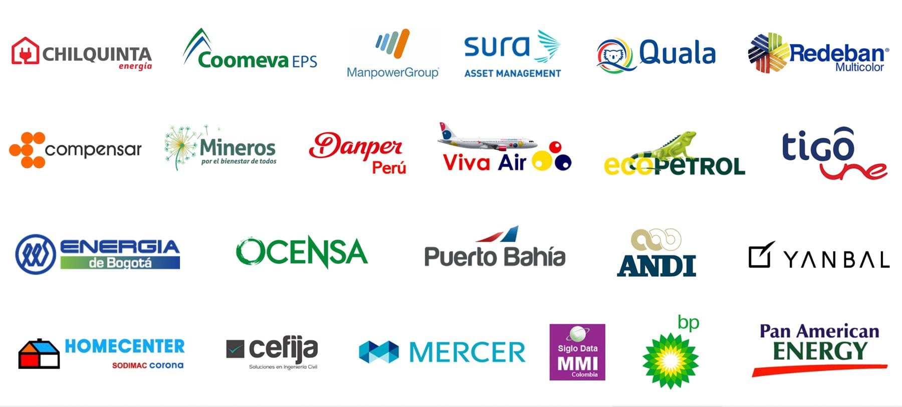 clientes software administracion gestion contratos Clientes comforce Compensar, Danper Perú, Chilquinta Chile, Manpower Group, Sura Asset Management, Quala, Redeban Multicolor, Viva Air, Ecopetrol, Tigo, UNE, Energía Bogota, Ocensa, Puerto Bahía, ANDI, Yanbal